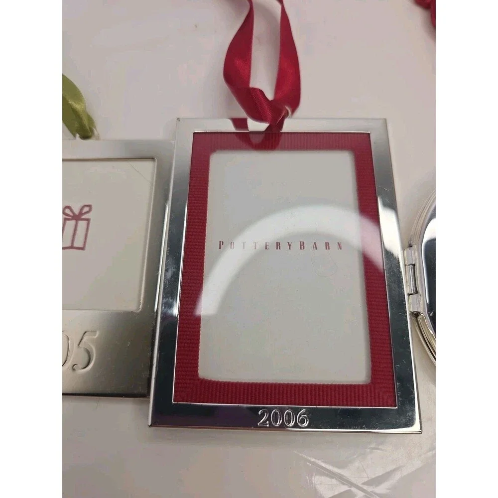 6 Pc Pottery Barn Silver Frame Ornament Lot 2005-2010 Mixed Ribbon Locket NEW